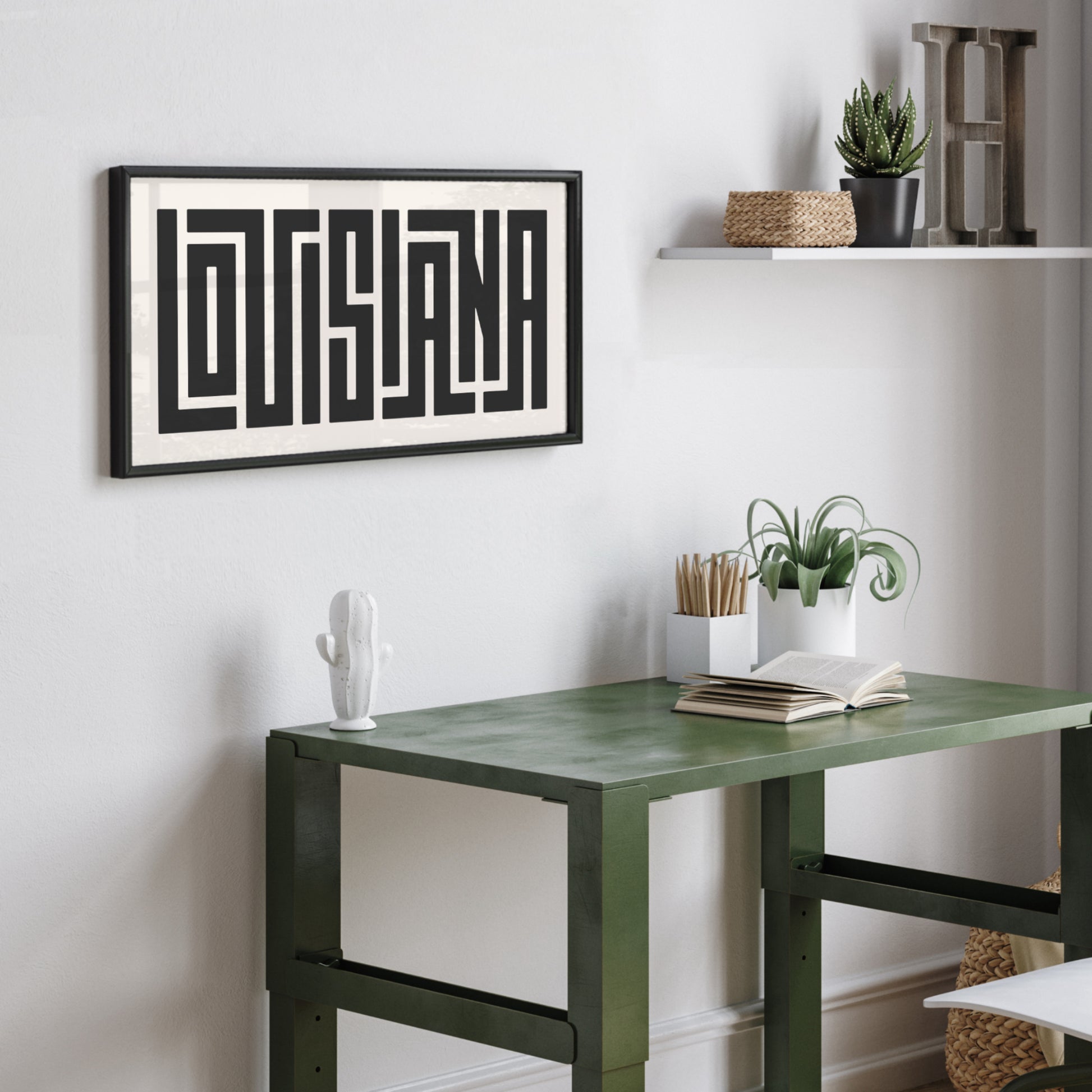 Personalized Louisiana art poster in Black Frame above desk in minimalist dorm room.