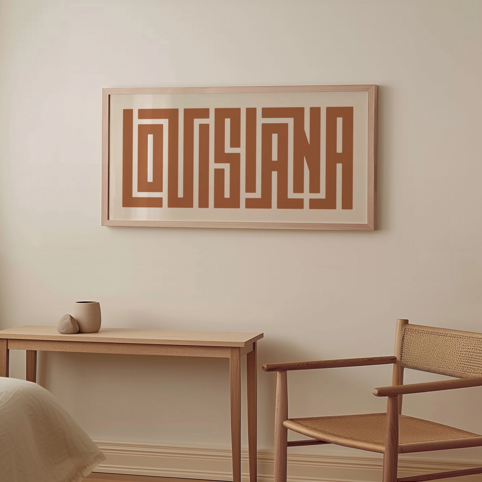Wood framed minimalist Louisiana Wall Decor in Boho style room wtih neutral colors