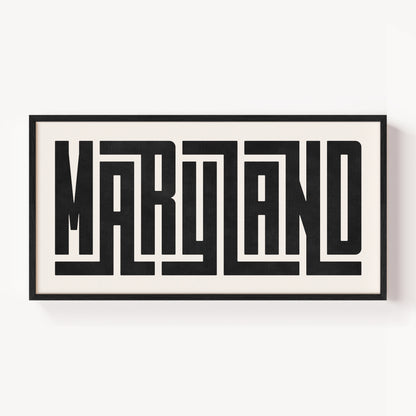 Modern Framed Maryland Art - Black Typography Design on White Background
