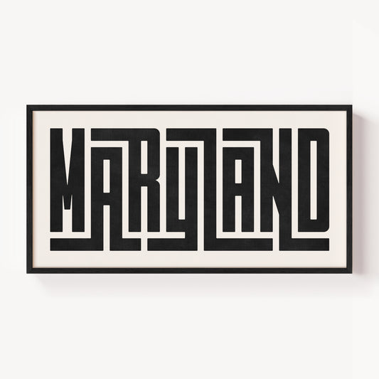 Modern Framed Maryland Art - Black Typography Design on White Background