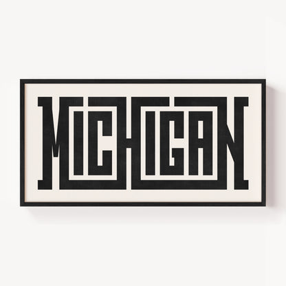 Modern Framed Michigan Art - Black Typography Design on White Background