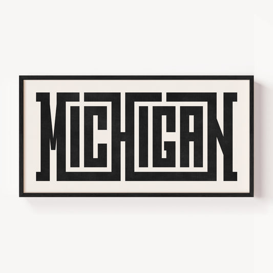 Modern Framed Michigan Art - Black Typography Design on White Background
