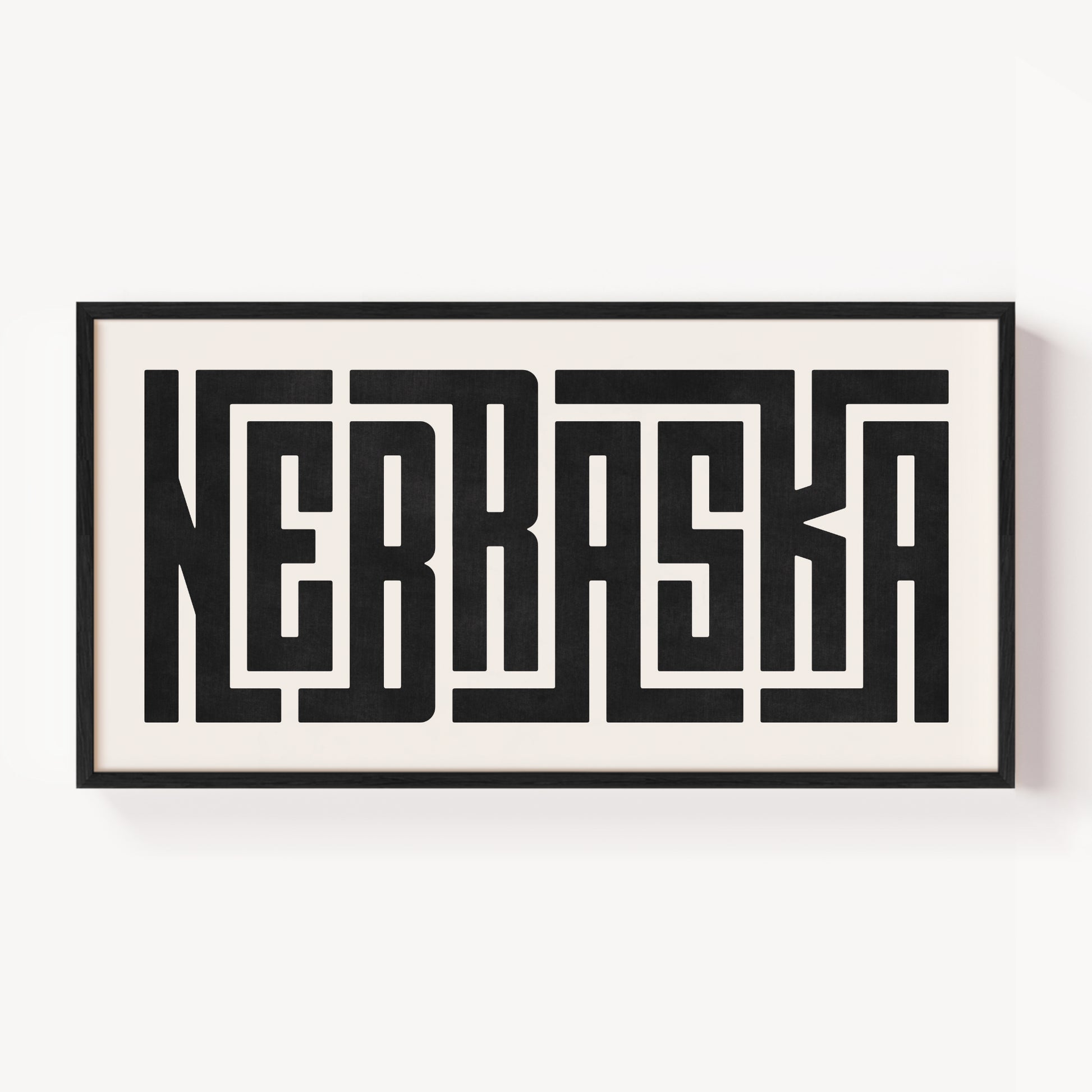 Modern Framed Nebraska Art - Black Typography Design on White Background