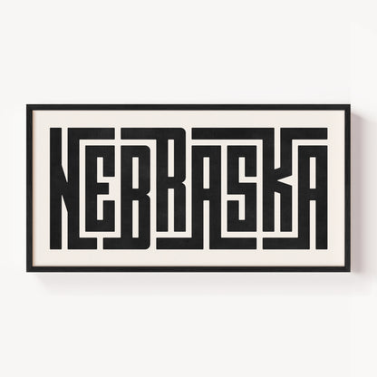 Modern Framed Nebraska Art - Black Typography Design on White Background
