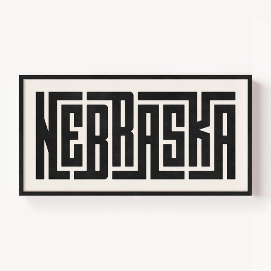 Modern Framed Nebraska Art - Black Typography Design on White Background