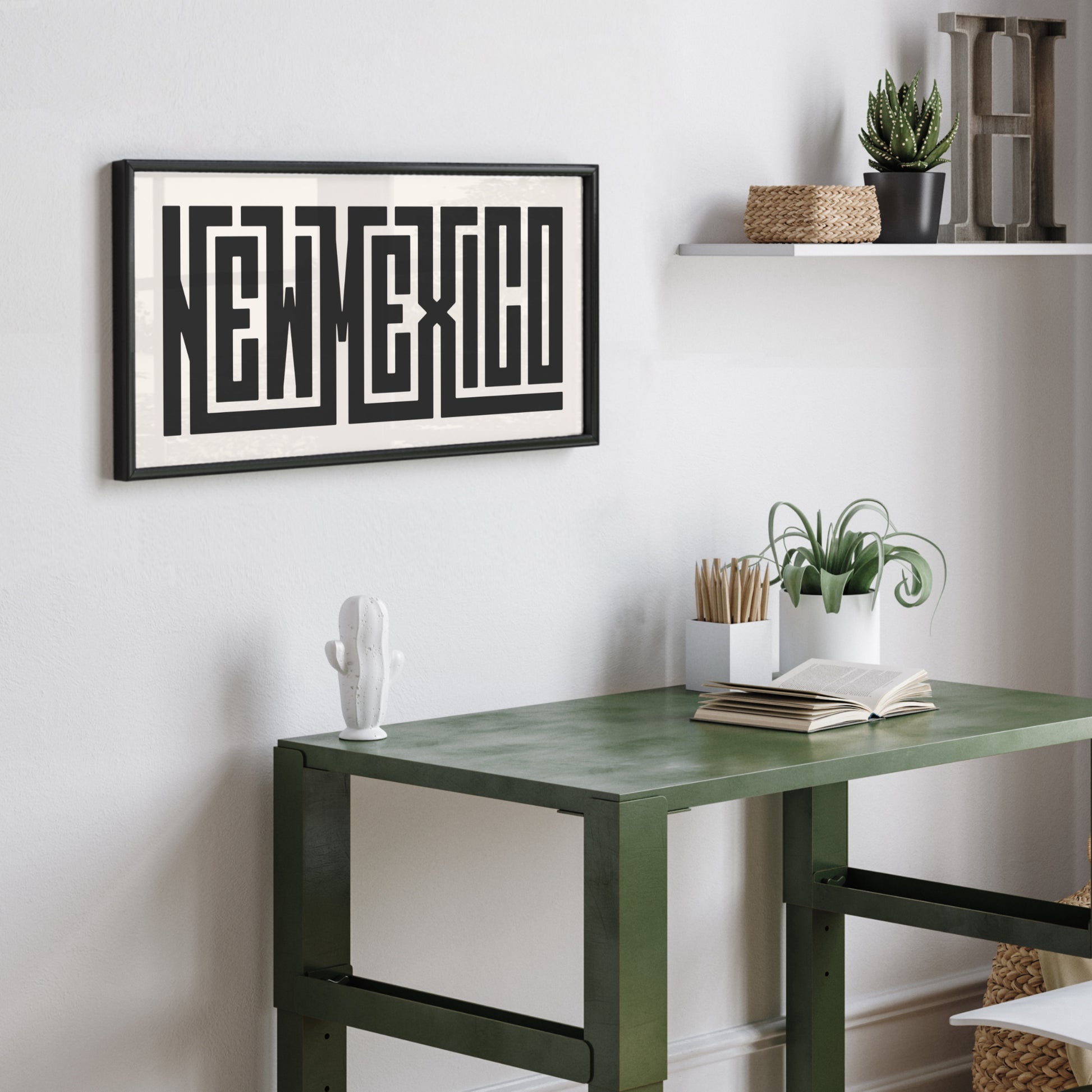 Personalized New Mexico art poster in Black Frame above desk in minimalist dorm room.