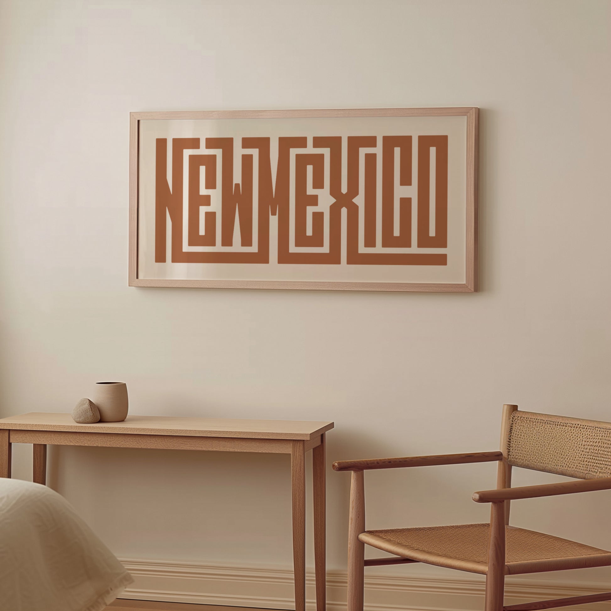Wood framed minimalist New Mexico Wall Decor in Boho style room wtih neutral colors