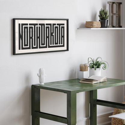 Personalized North Dakota art poster in Black Frame above desk in minimalist dorm room.
