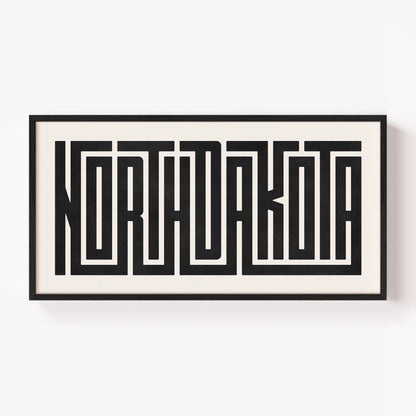 Modern Framed North Dakota Art - Black Typography Design on White Background