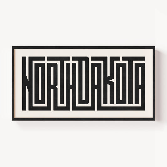 Modern Framed North Dakota Art - Black Typography Design on White Background