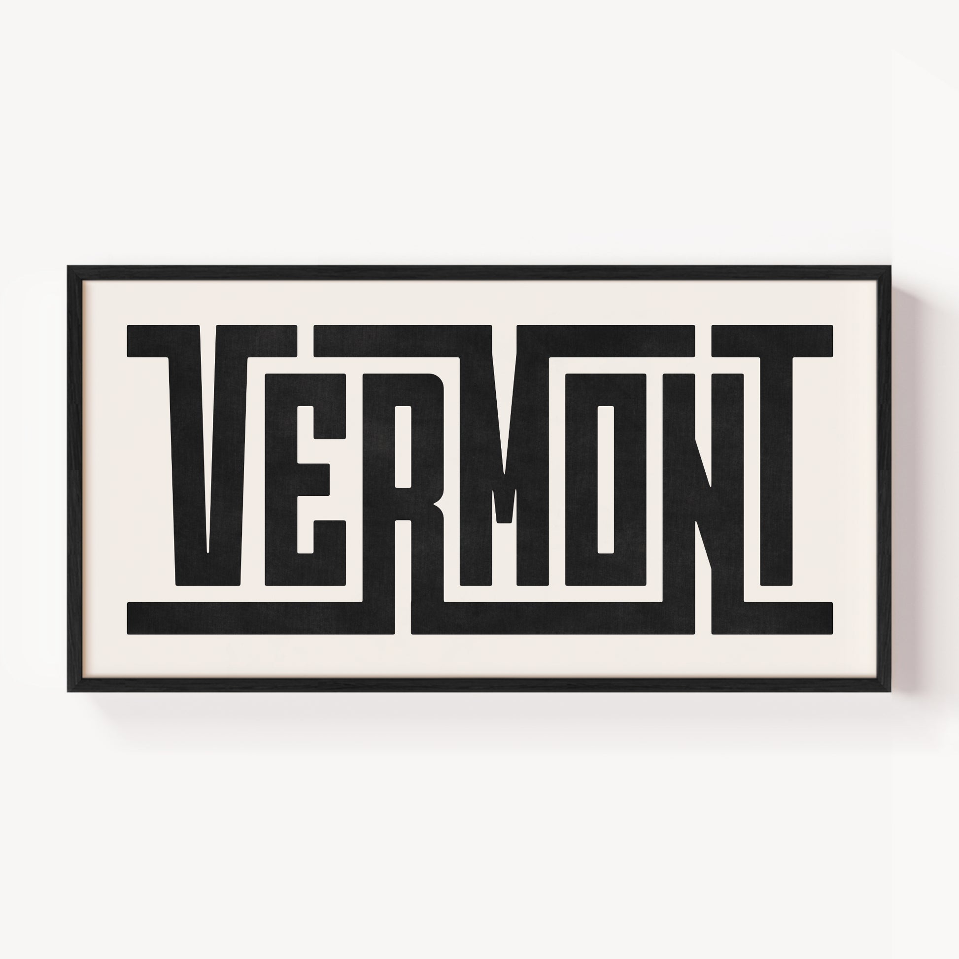 Modern Framed Vermont Art - Black Typography Design on White Background