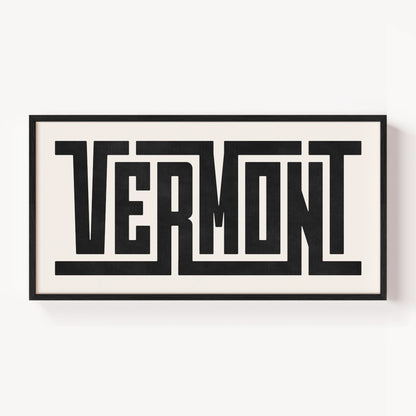 Modern Framed Vermont Art - Black Typography Design on White Background