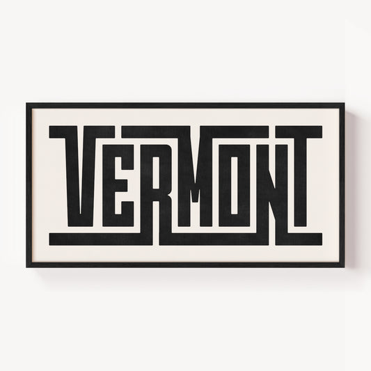 Modern Framed Vermont Art - Black Typography Design on White Background