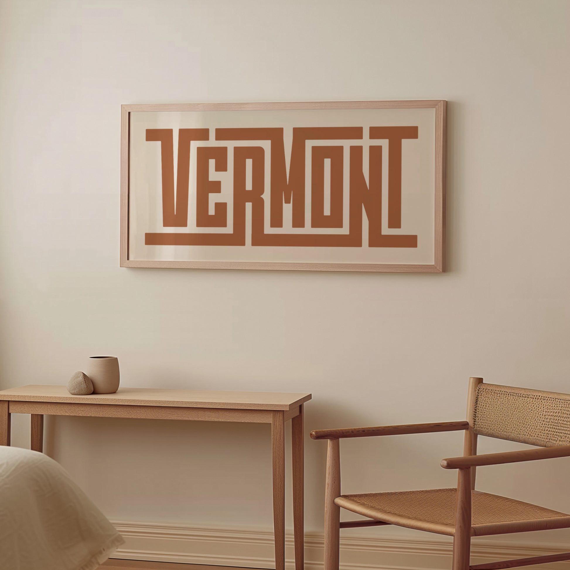 Wood framed minimalist Vermont Wall Decor in Boho style room wtih neutral colors