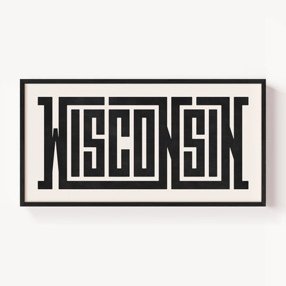 Modern Framed Wisconsin Art - Black Typography Design on White Background