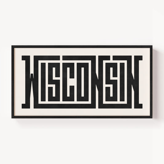 Modern Framed Wisconsin Art - Black Typography Design on White Background
