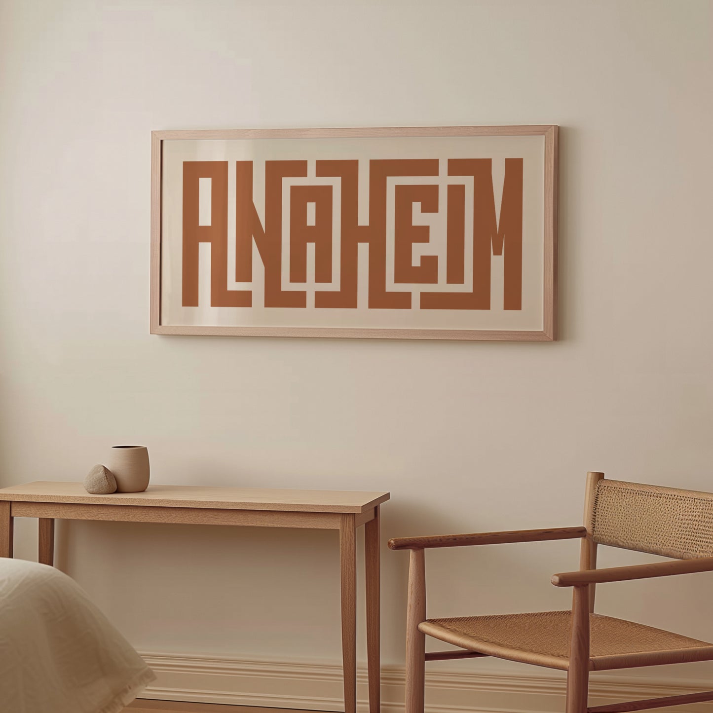 Wood framed minimalist Anaheim Wall Decor in Boho style room wtih neutral colors