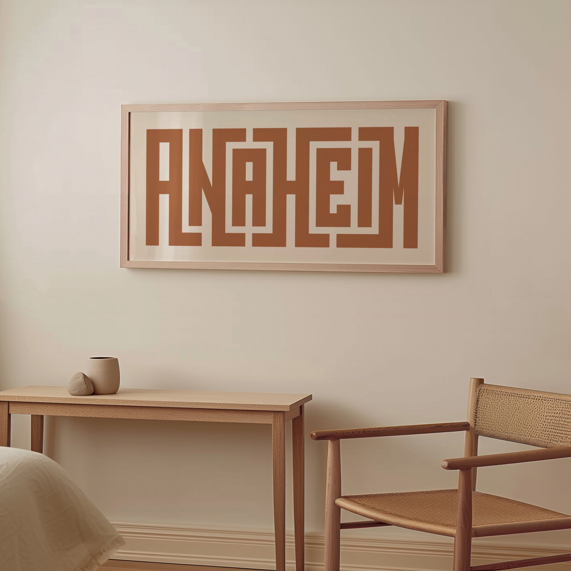 Wood framed minimalist Anaheim Wall Decor in Boho style room wtih neutral colors