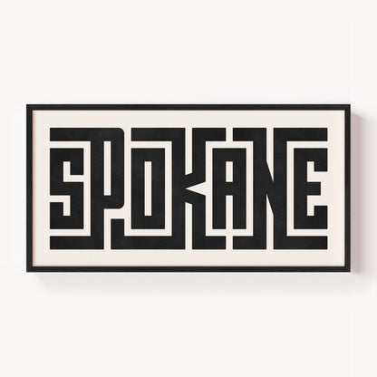 Modern Framed Spokane Art - Black Typography Design on White Background