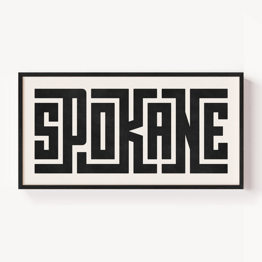 Modern Framed Spokane Art - Black Typography Design on White Background