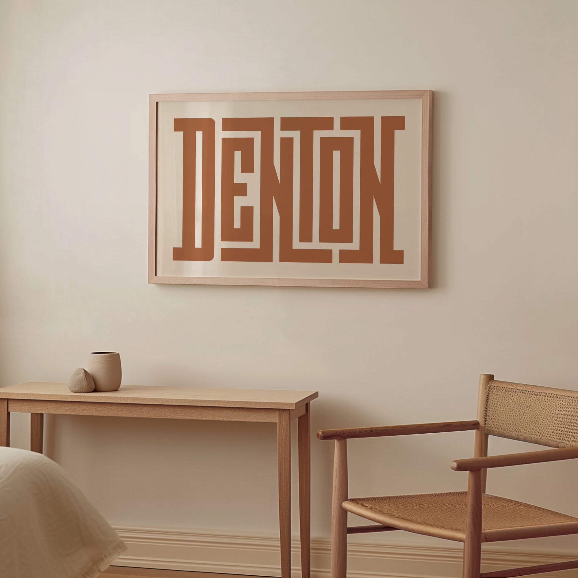 Wood framed minimalist Denton Wall Decor in Boho style room wtih neutral colors