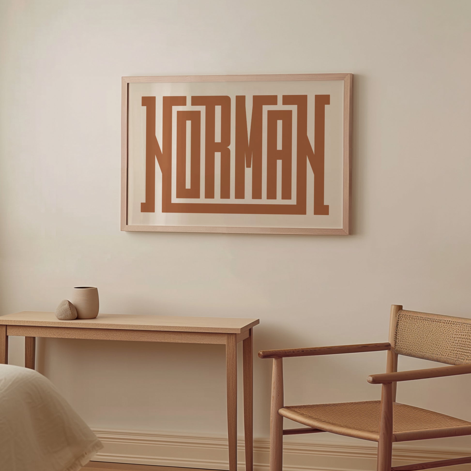 Wood framed minimalist Norman Wall Decor in Boho style room wtih neutral colors