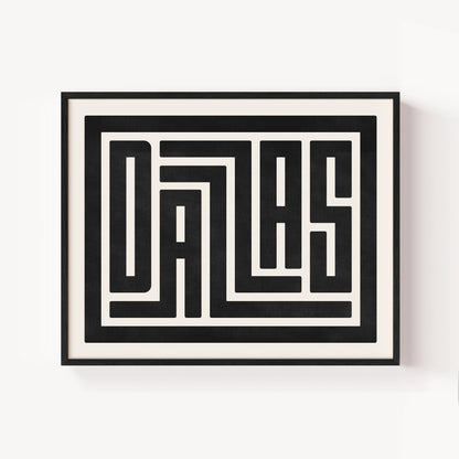 Modern Framed Dallas Art - Black Typography Design on White Background