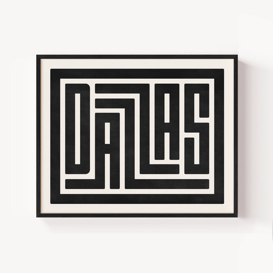 Modern Framed Dallas Art - Black Typography Design on White Background