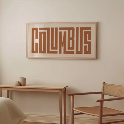 Wood framed minimalist Columbus Wall Decor in Boho style room wtih neutral colors