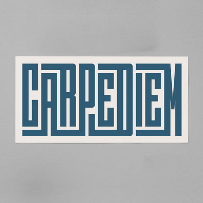 Retro Carpe Diem artwork above vintage record player on Mid-Century Modern furniture.