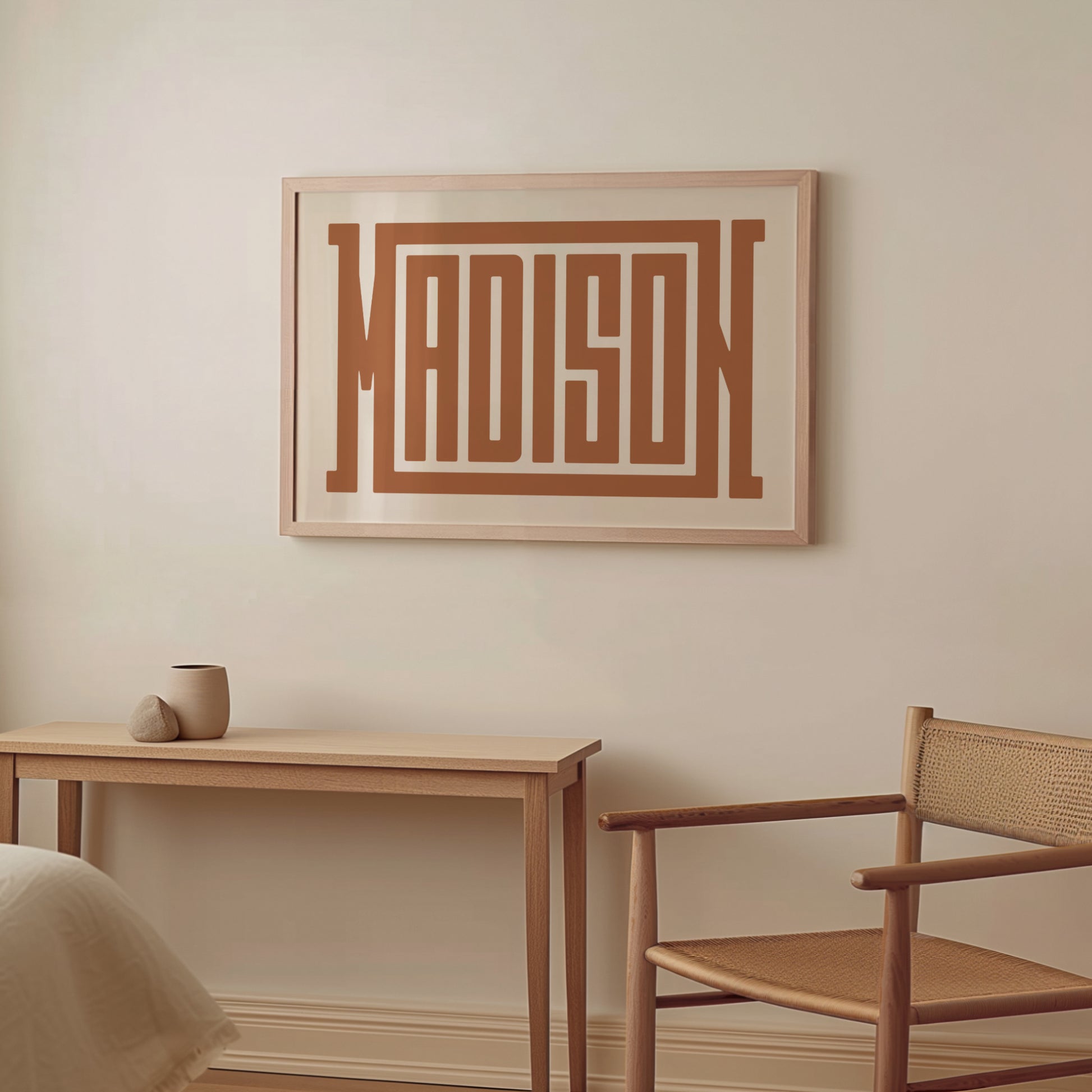 Wood framed minimalist Madison Wall Decor in Boho style room wtih neutral colors