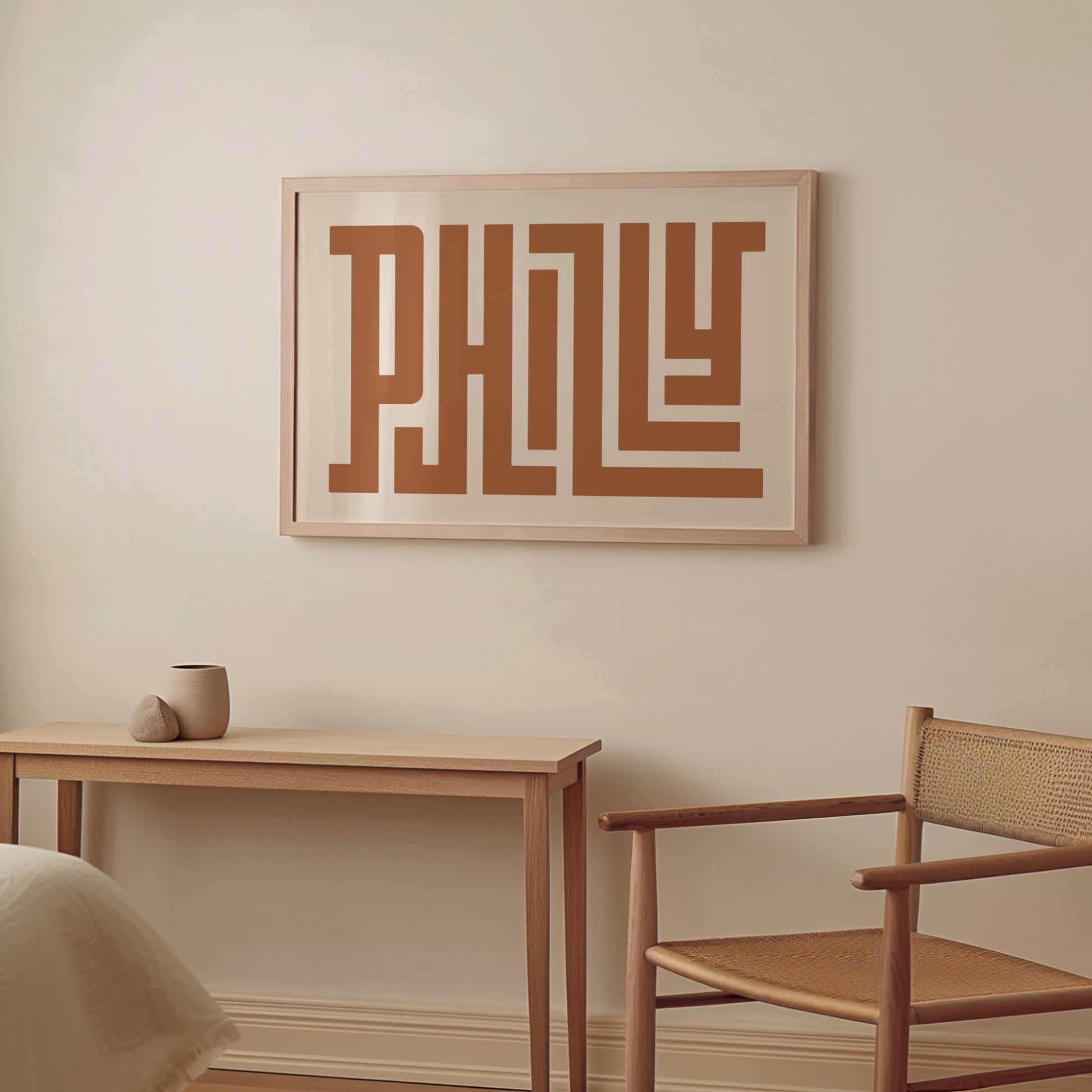Wood framed minimalist Philly Wall Decor in Boho style room wtih neutral colors