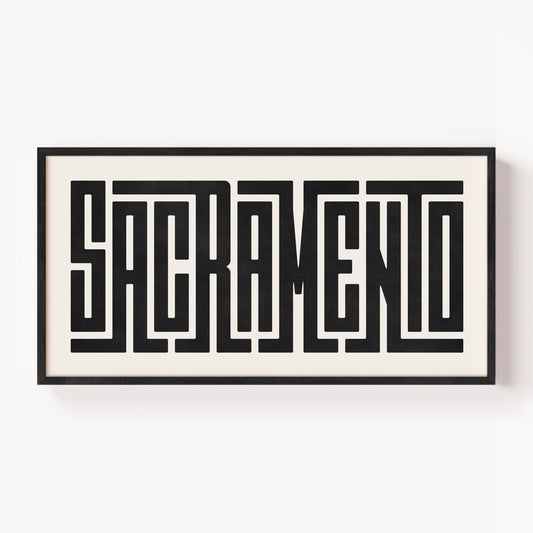 Modern Framed Sacramento Art - Black Typography Design on White Background