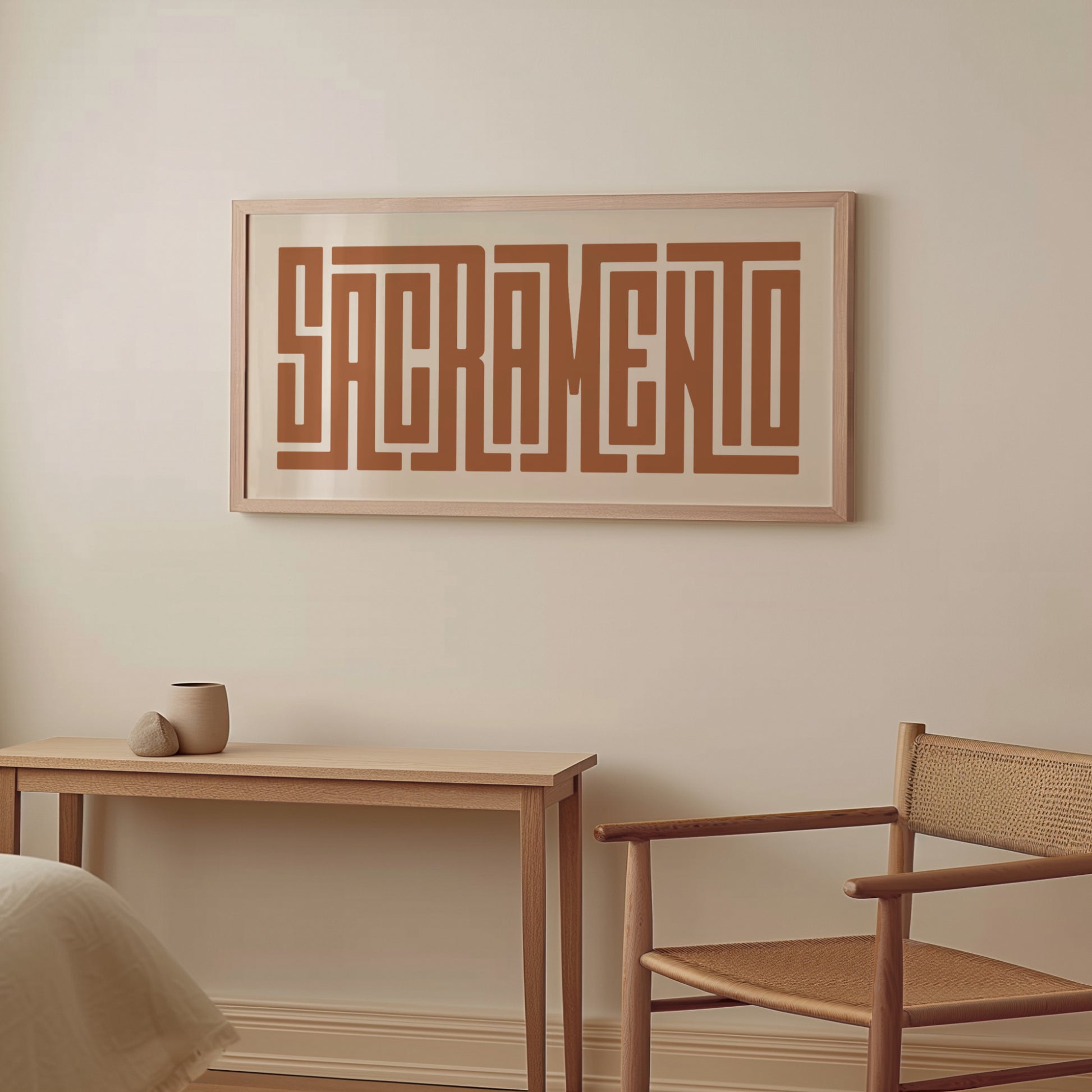 Wood framed minimalist Sacramento Wall Decor in Boho style room wtih neutral colors