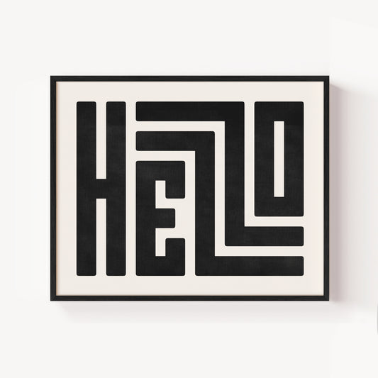 Modern Framed Hello Art - Black Typography Design on White Background
