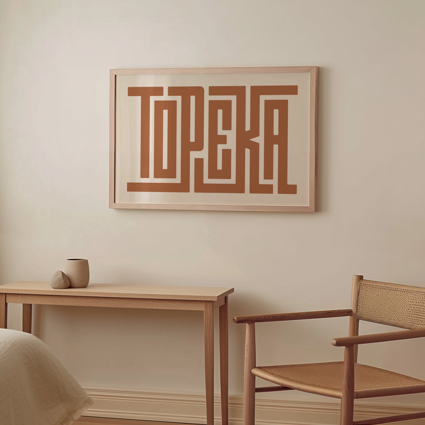 Wood framed minimalist Topeka Wall Decor in Boho style room wtih neutral colors