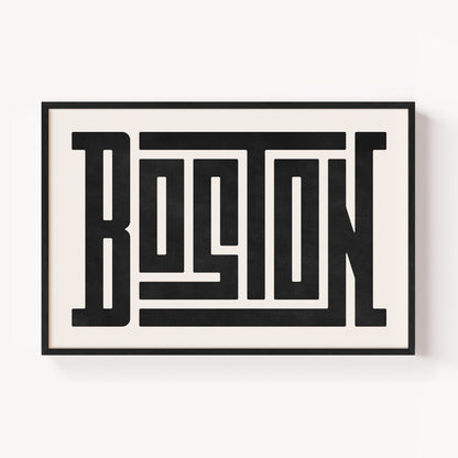 Modern Framed Boston Art - Black Typography Design on White Background