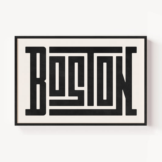 Modern Framed Boston Art - Black Typography Design on White Background