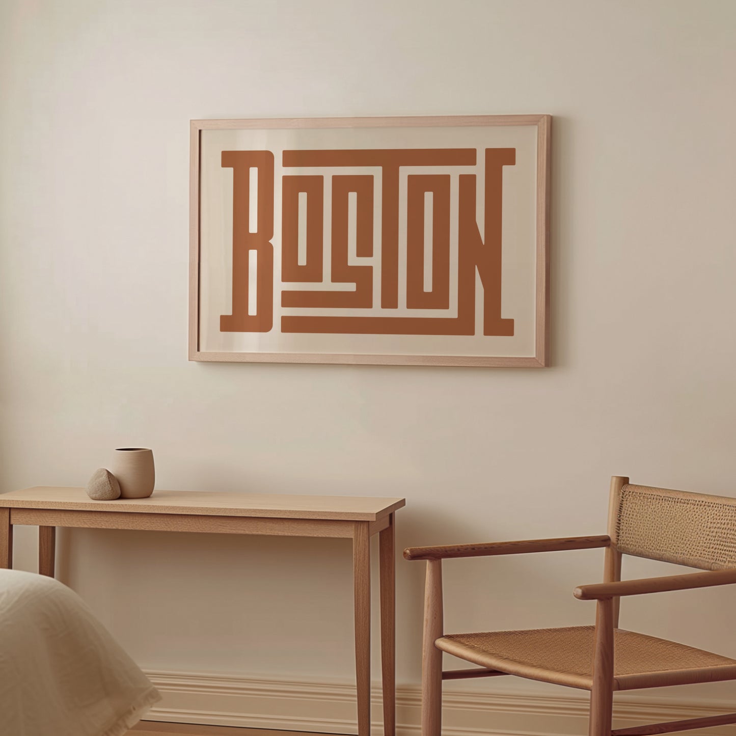 Wood framed minimalist Boston Wall Decor in Boho style room wtih neutral colors