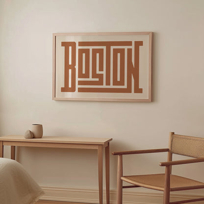 Wood framed minimalist Boston Wall Decor in Boho style room wtih neutral colors