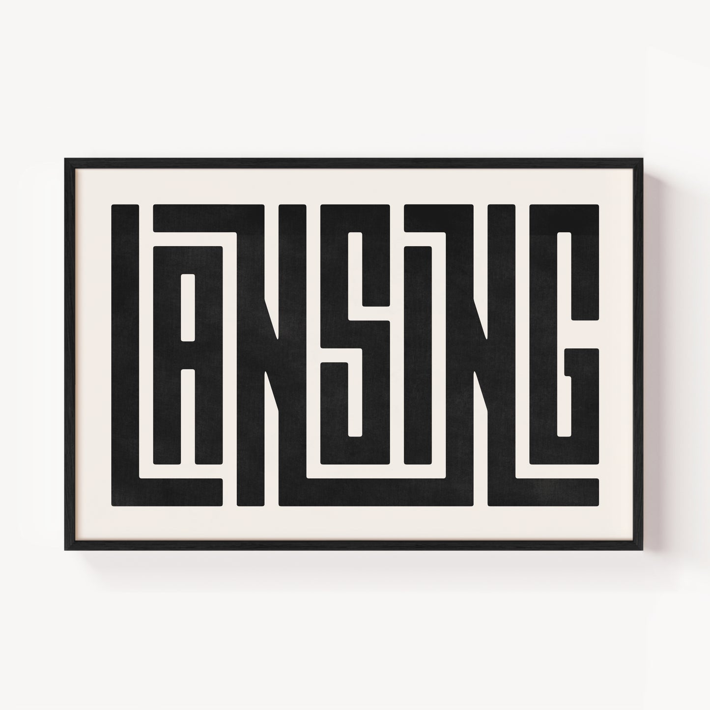 Modern Framed Lansing Art - Black Typography Design on White Background