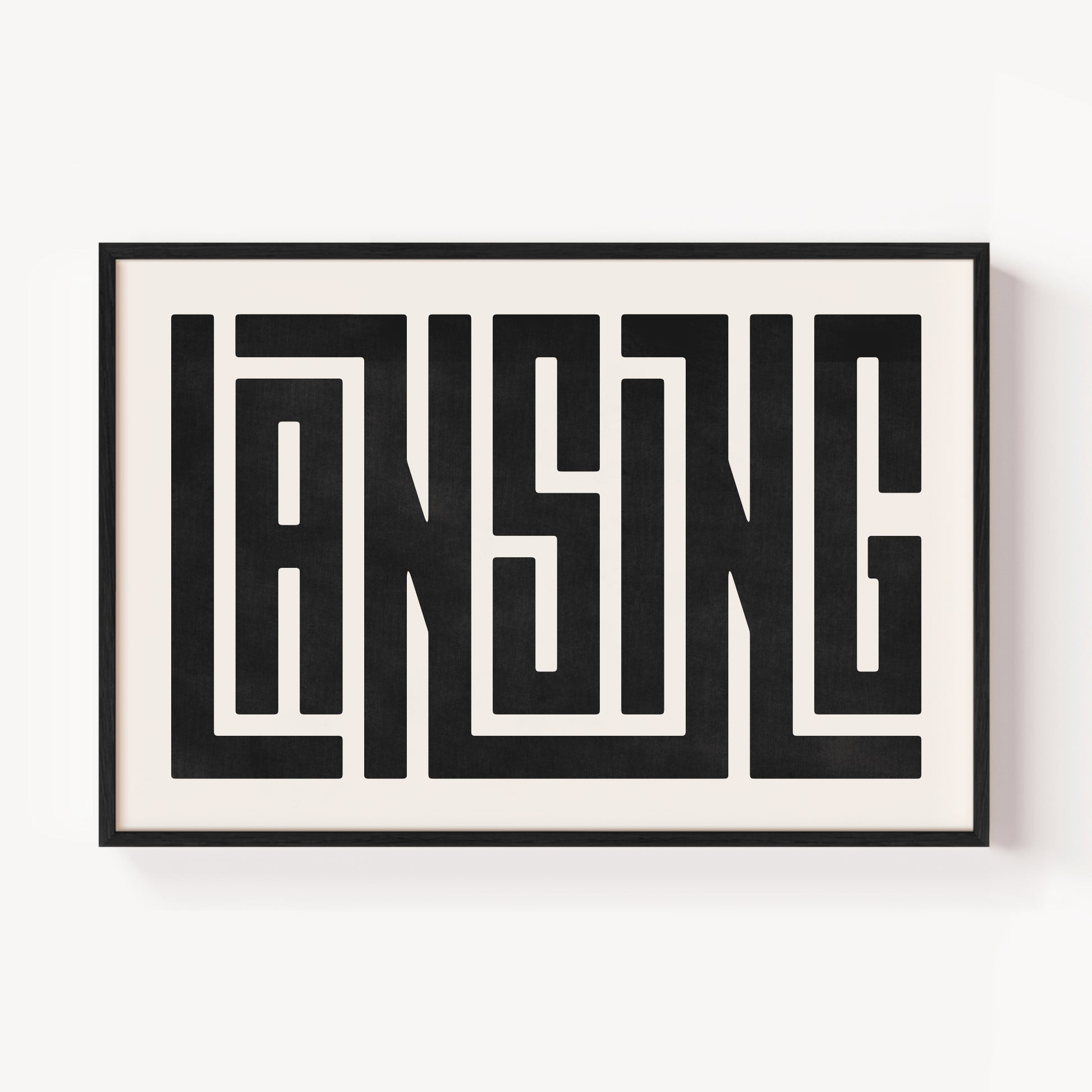 Modern Framed Lansing Art - Black Typography Design on White Background