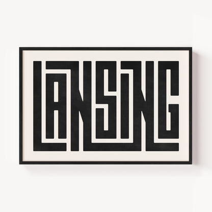Modern Framed Lansing Art - Black Typography Design on White Background