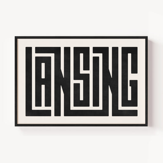 Modern Framed Lansing Art - Black Typography Design on White Background