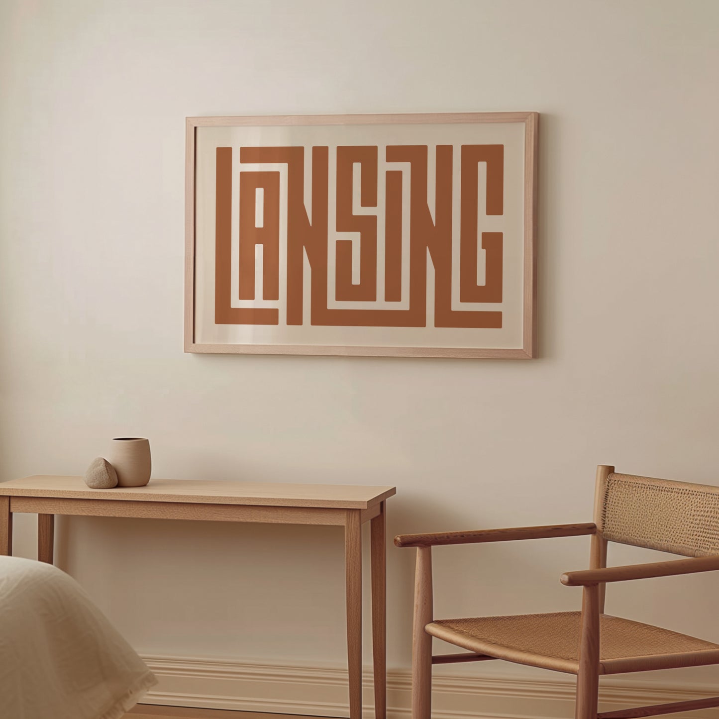 Wood framed minimalist Lansing Wall Decor in Boho style room wtih neutral colors