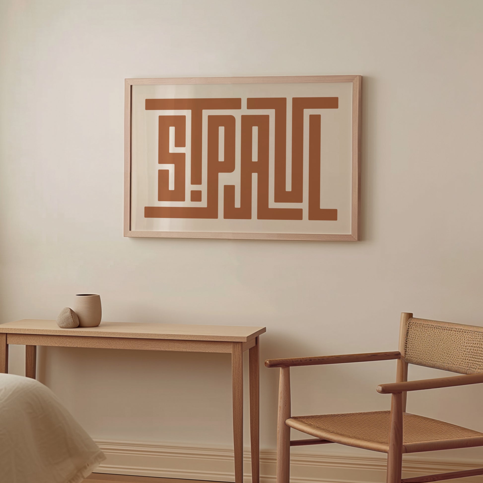 Wood framed minimalist Saint Paul Wall Decor in Boho style room wtih neutral colors