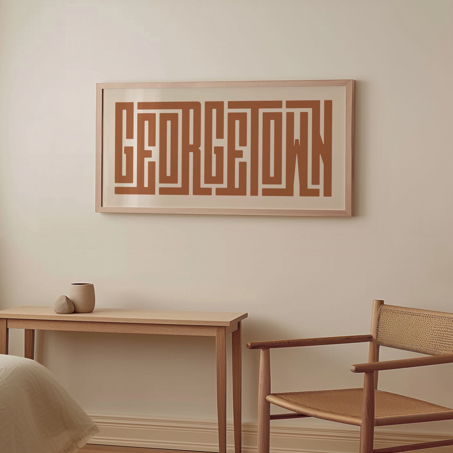 Wood framed minimalist Georgetown Wall Decor in Boho style room wtih neutral colors