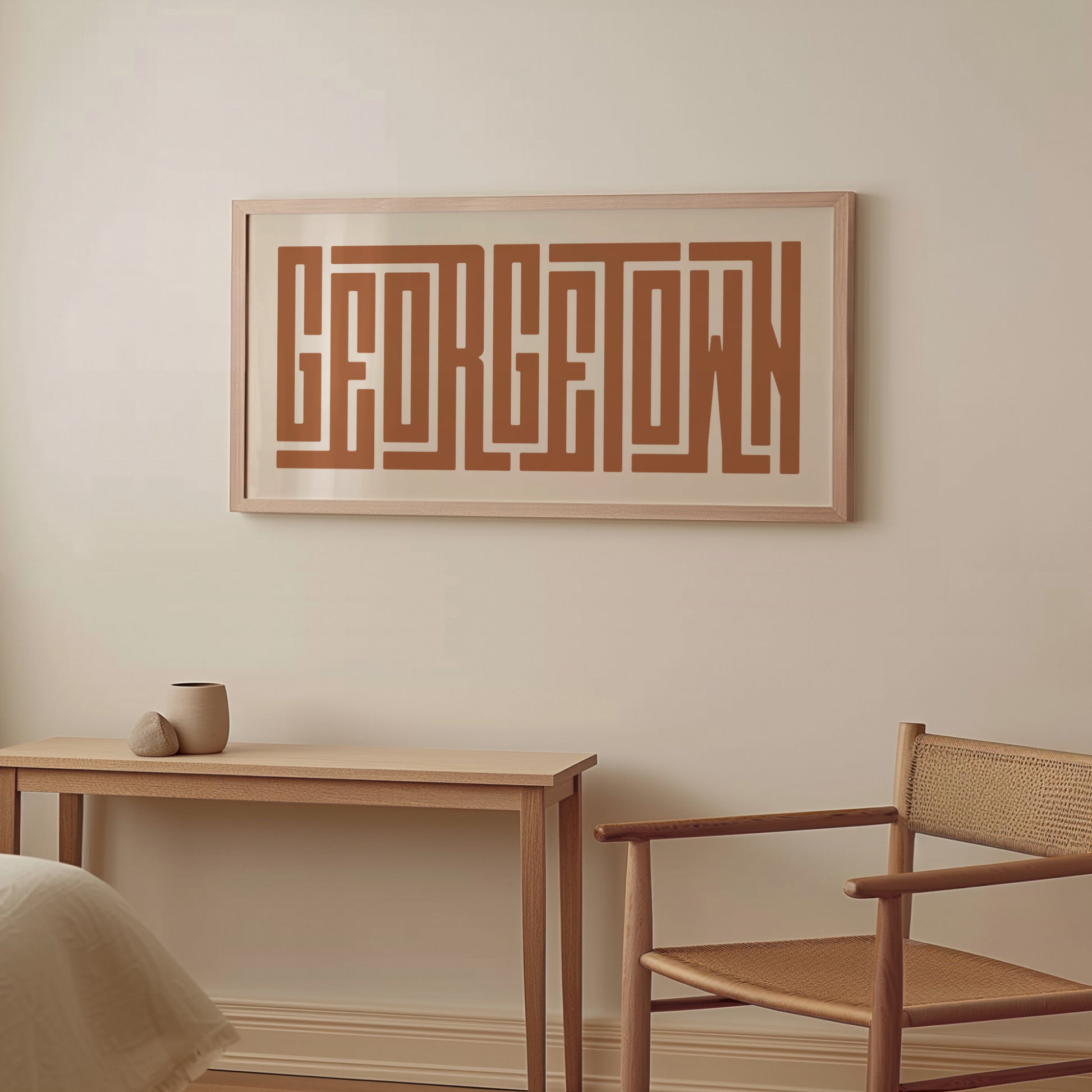 Wood framed minimalist Georgetown Wall Decor in Boho style room wtih neutral colors