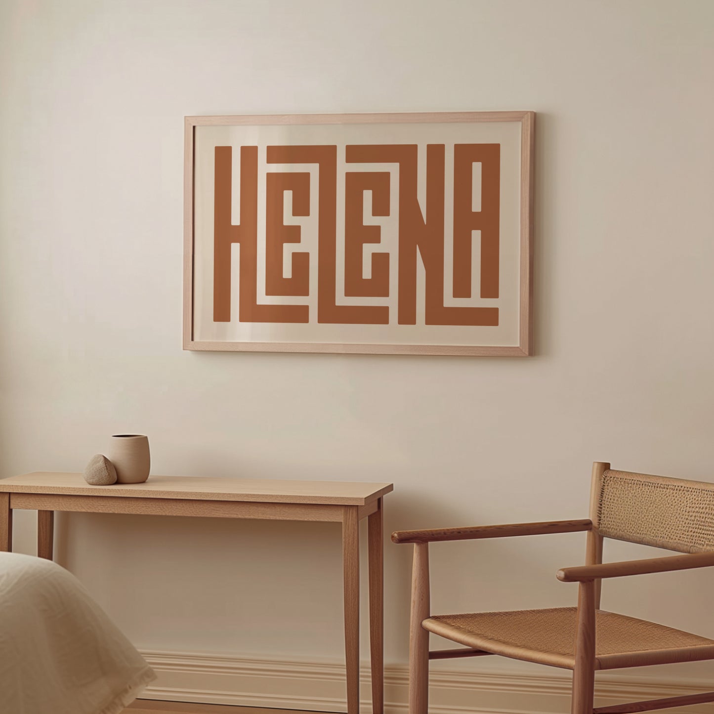 Wood framed minimalist Helena Wall Decor in Boho style room wtih neutral colors