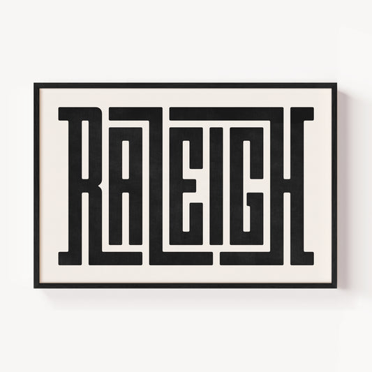 Modern Framed Raleigh Art - Black Typography Design on White Background